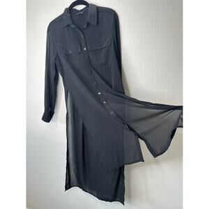 Comme Black Sheer Collared Front Button High Low Long Sleeve Shirtdress S / M